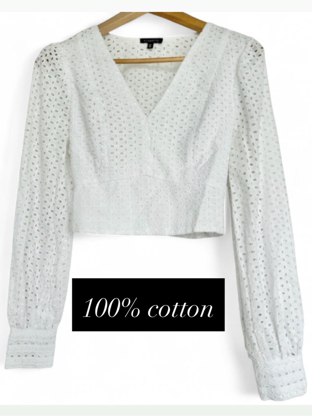 White Cotton Crop Top Eyelet Lace Blouse Long Sleeve Large